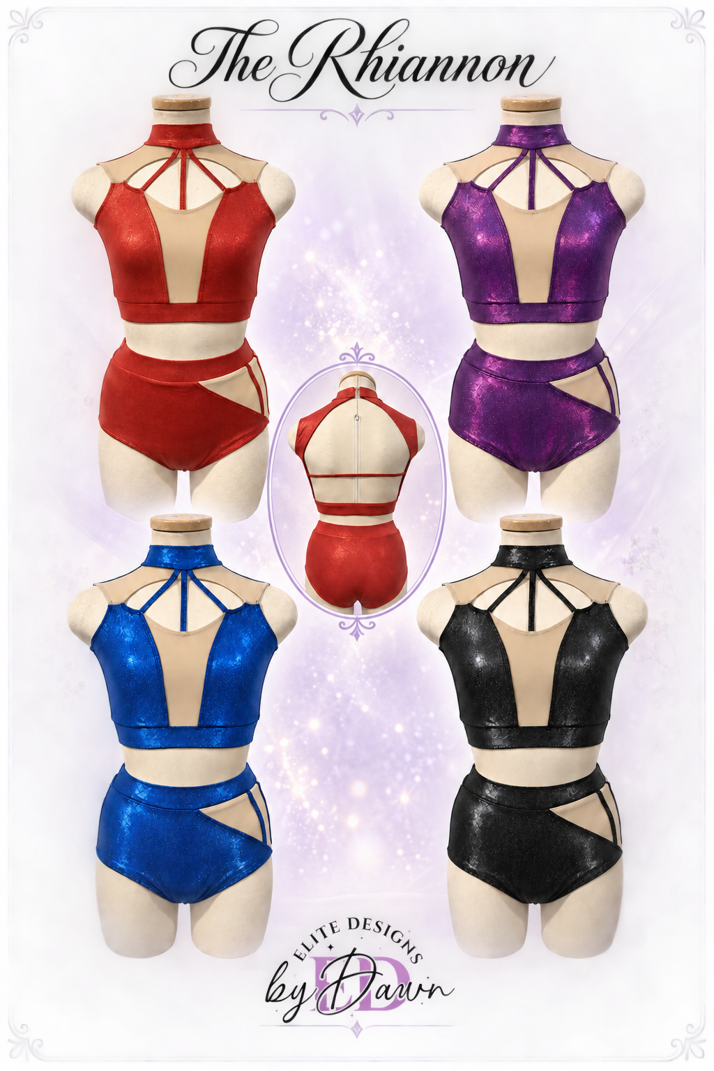 Rhiannon Designer Hologram Dance Costume Base in Red, Purple, Royal Blue and Black with Nude Illusion