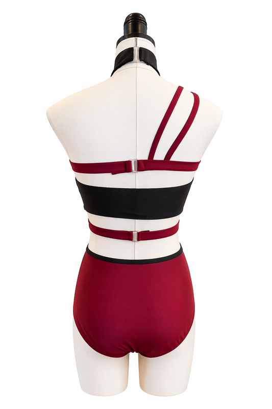 Emily Base competition dance costume back view featuring multiple strappy details, open-back styling, and high-neck performance design