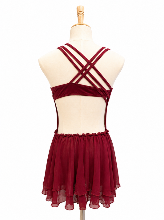 Back view of Gianna Base dance costume with strappy open-back design and asymmetrical styling