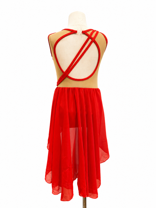 Back view of Sammie Base dance costume with open-back design and flowing skirt details