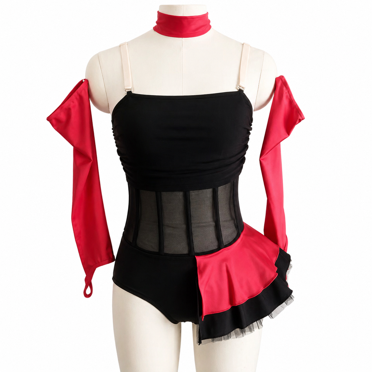 Kendra Base ready-to-ship dance costume featuring red and black color blocking, corset-style mesh paneling, and dramatic ruffle skirt front view