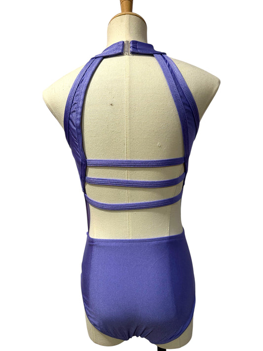 Back view of the Shanna Base Studio Collection dance costume base in purple featuring an open back with triple horizontal straps and a secure halter closure.