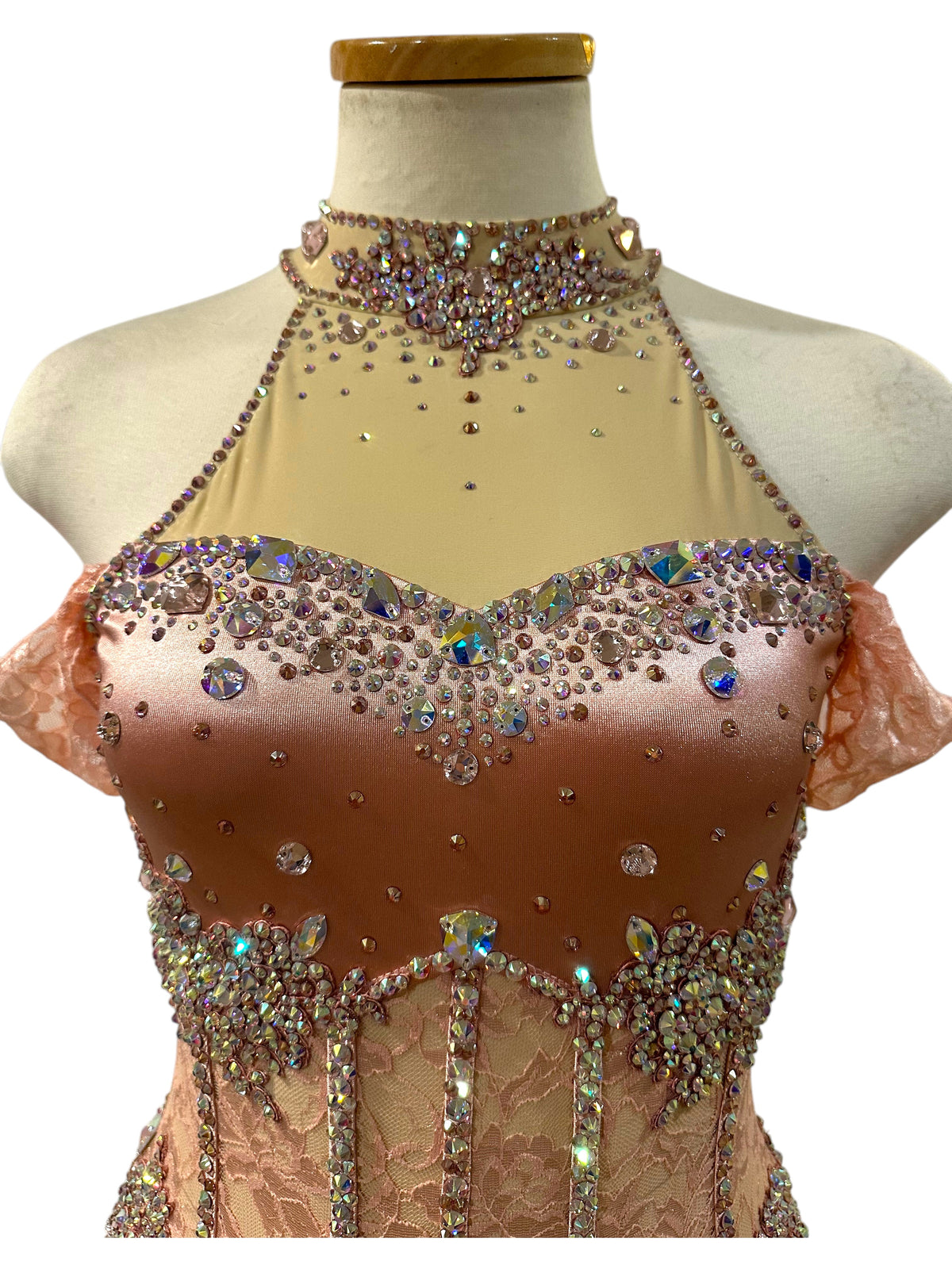 Gwendolyn Powder Rose dance costume bodice close-up with rhinestones, AB crystals, satin sweetheart neckline and illusion mesh