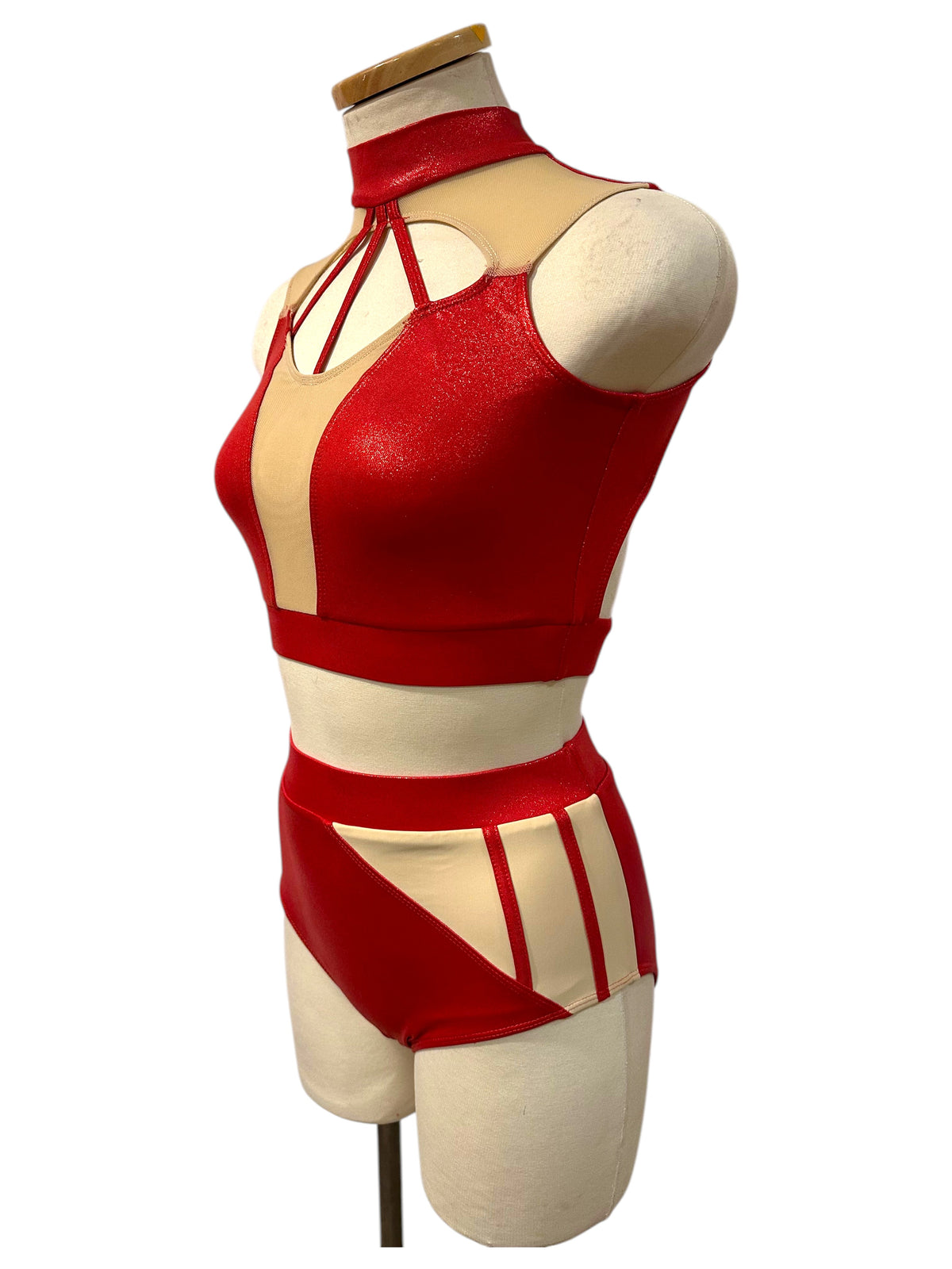 Rhiannon Designer Two-Piece Dance Costume Base in Red Hologram and Nude, Side View