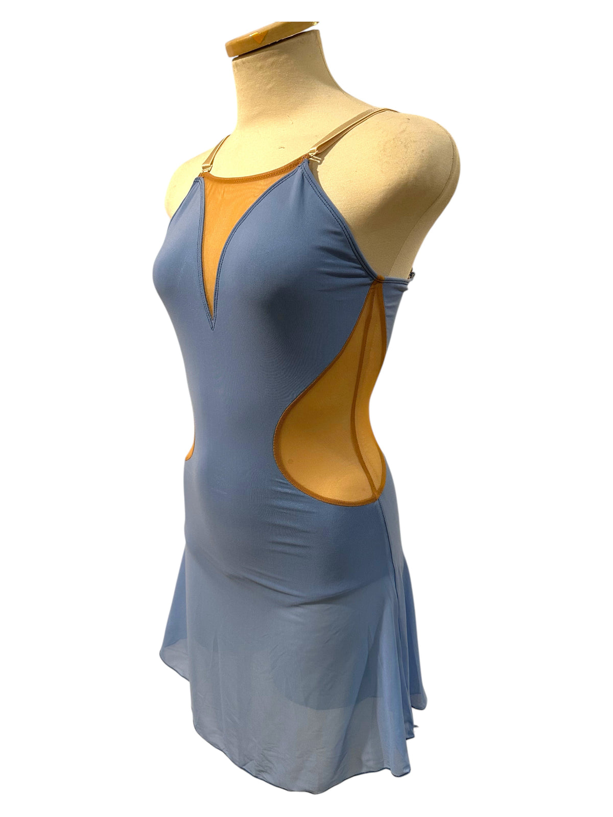 Three-quarter view of Linda Steel Blue dance costume base showing deep V front, illusion side panel and adjustable straps