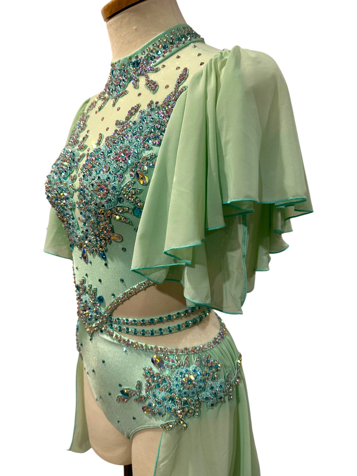 Ready-to-ship mint green rhinestone dance costume side view adult small