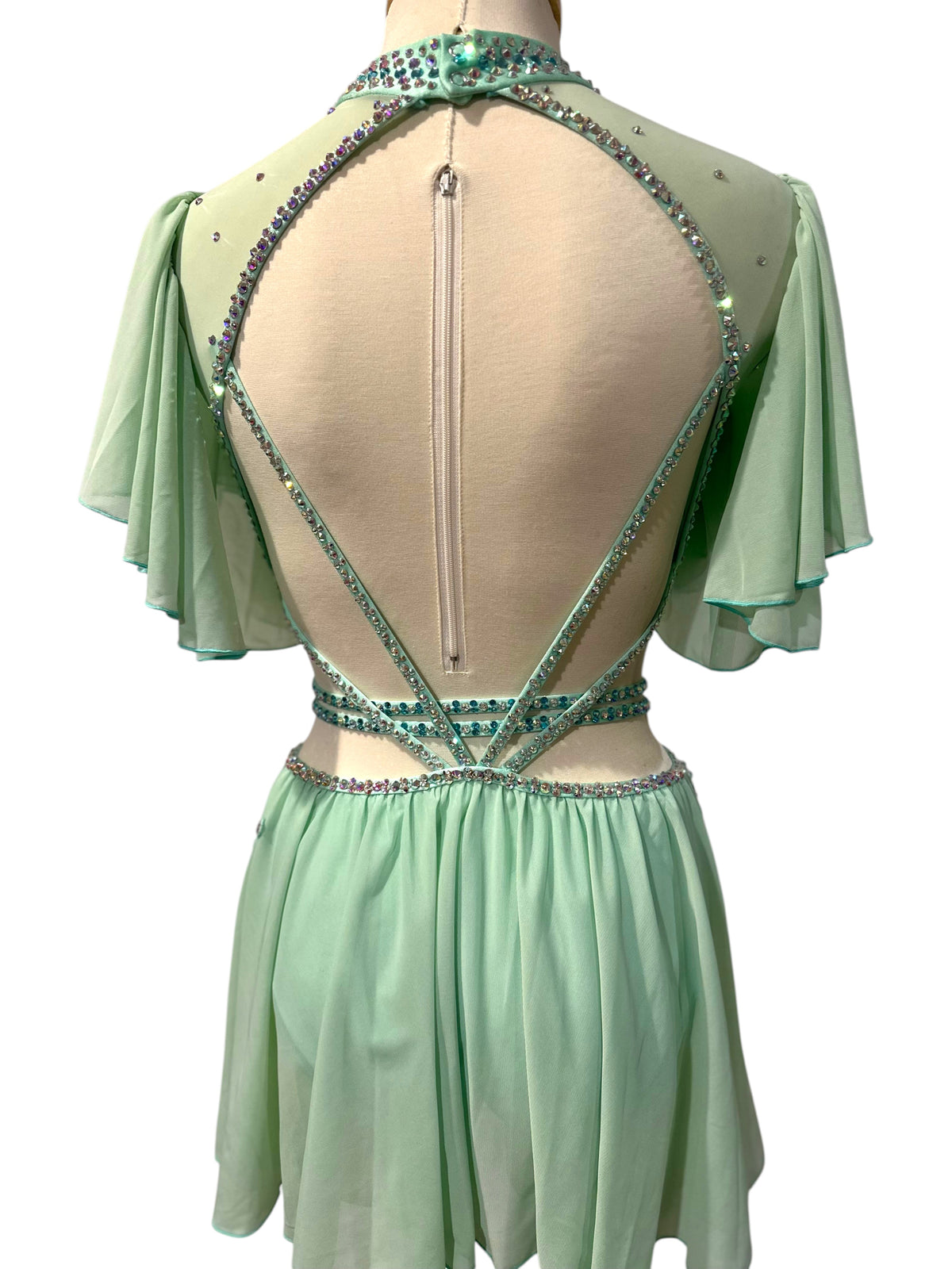 Ready-to-ship mint green rhinestone dance costume back view adult small