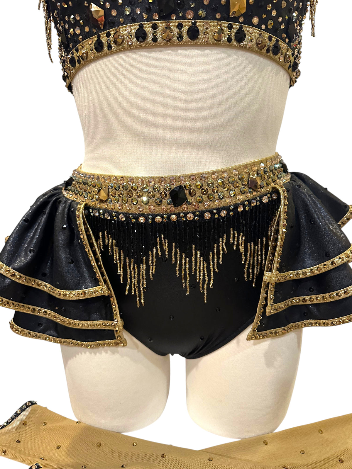 Ready-to-ship black and gold dance costume Adult Small front and skirt detail