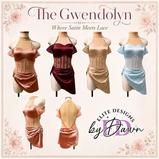 Gwendolyn Signature dance costume base color options card showing Powder Rose, Burgundy, Gold, Light Blue, and additional views by Elite Designs by Dawn.