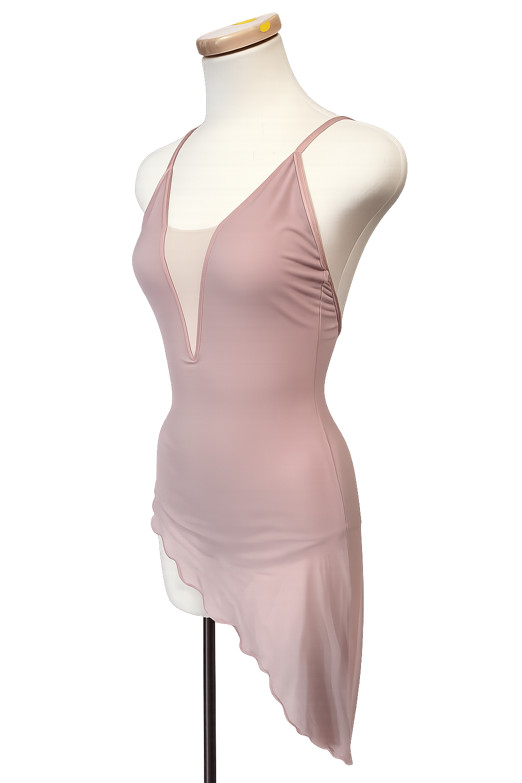 Brittney Base contemporary dance costume side profile in blush pink with flowing mesh accents and elegant draping