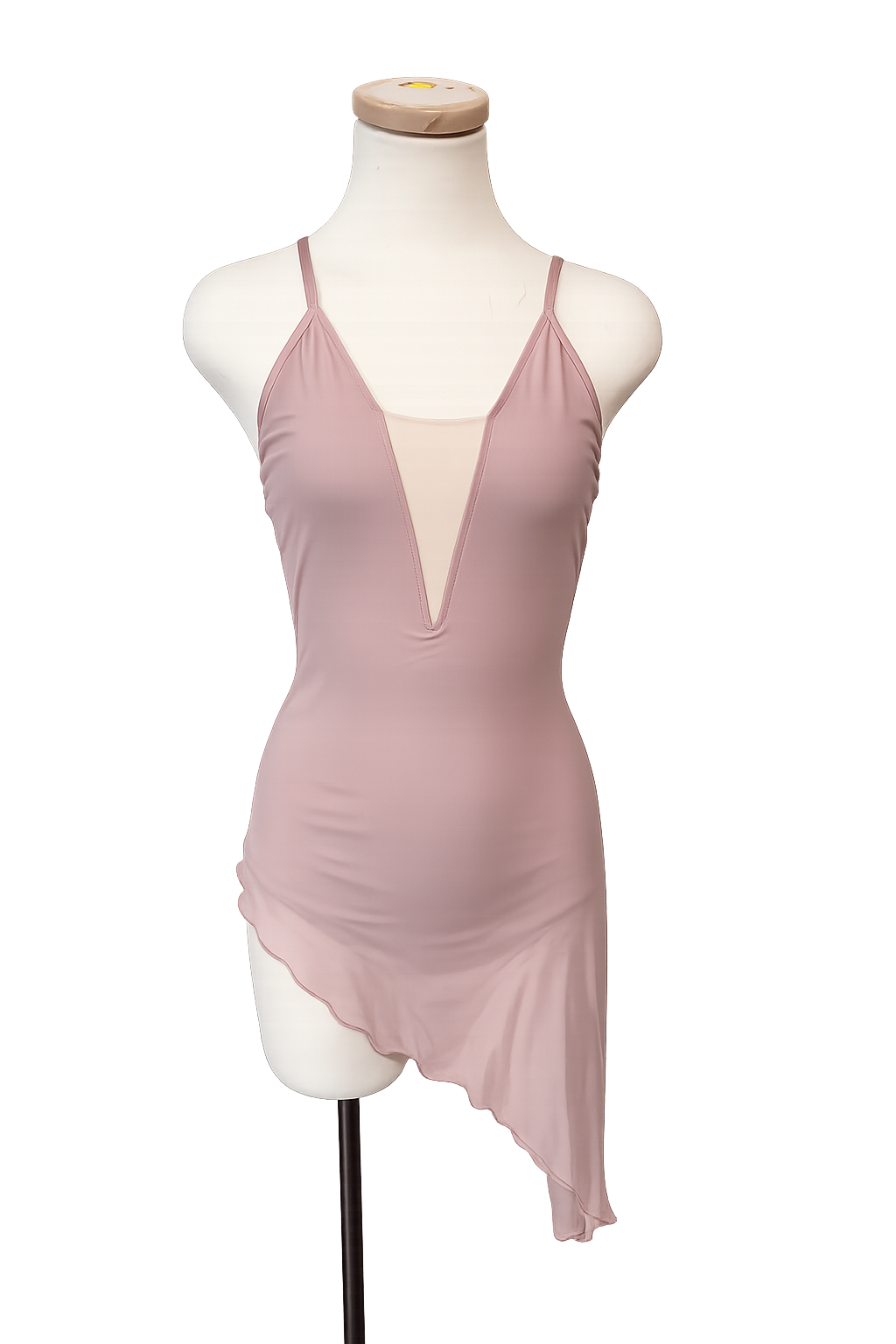Brittney Base lyrical dance costume in blush pink featuring deep neckline and asymmetrical draped mesh skirt
