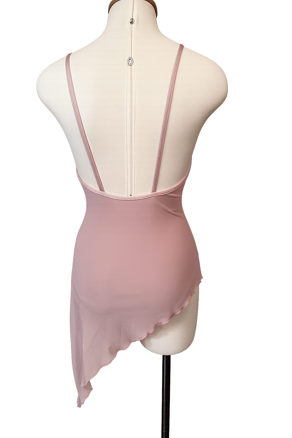 Brittney Base competition dance costume back view in blush pink featuring open-back styling and asymmetrical design