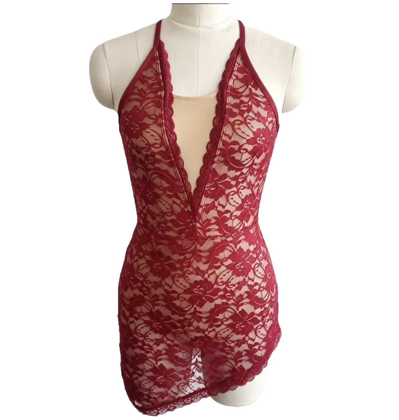 Amber Base dance costume in burgundy and nude colorway with floral lace, deep V-front, and asymmetrical skirt.