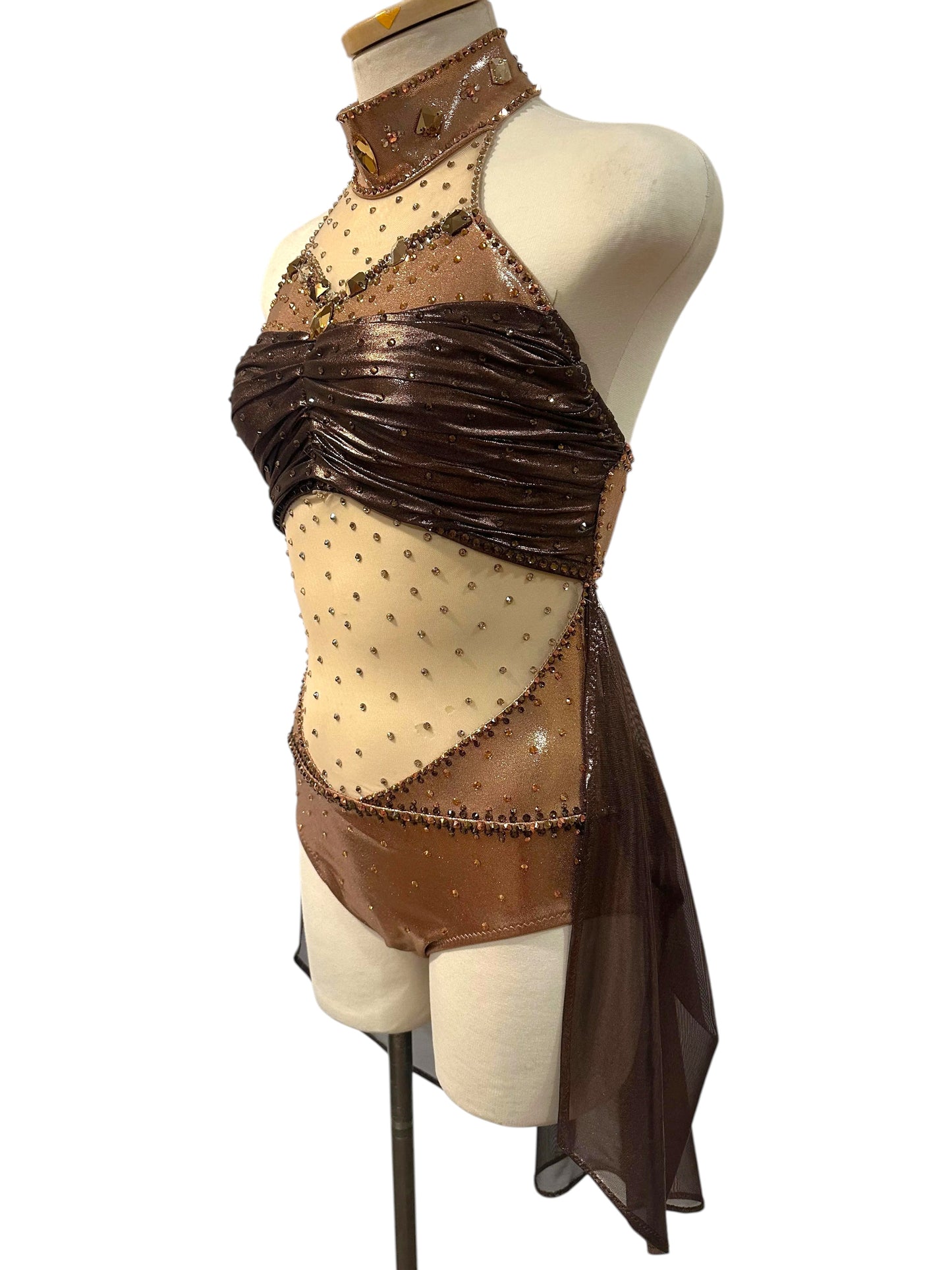 Aurora Signature Ready-to-Ship dance costume in Copper Metallic and Brown Metallic shown from the front left angle highlighting the asymmetrical silhouette.