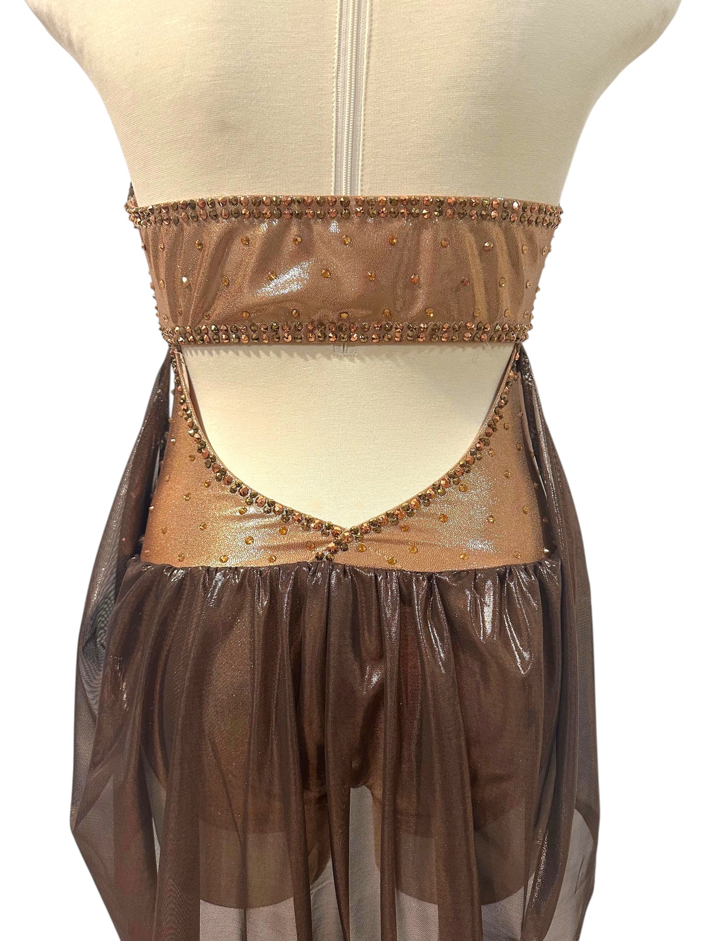 Back view of the Aurora Signature Ready-to-Ship costume featuring an open-back design, crystal embellishments, and flowing mesh panels.