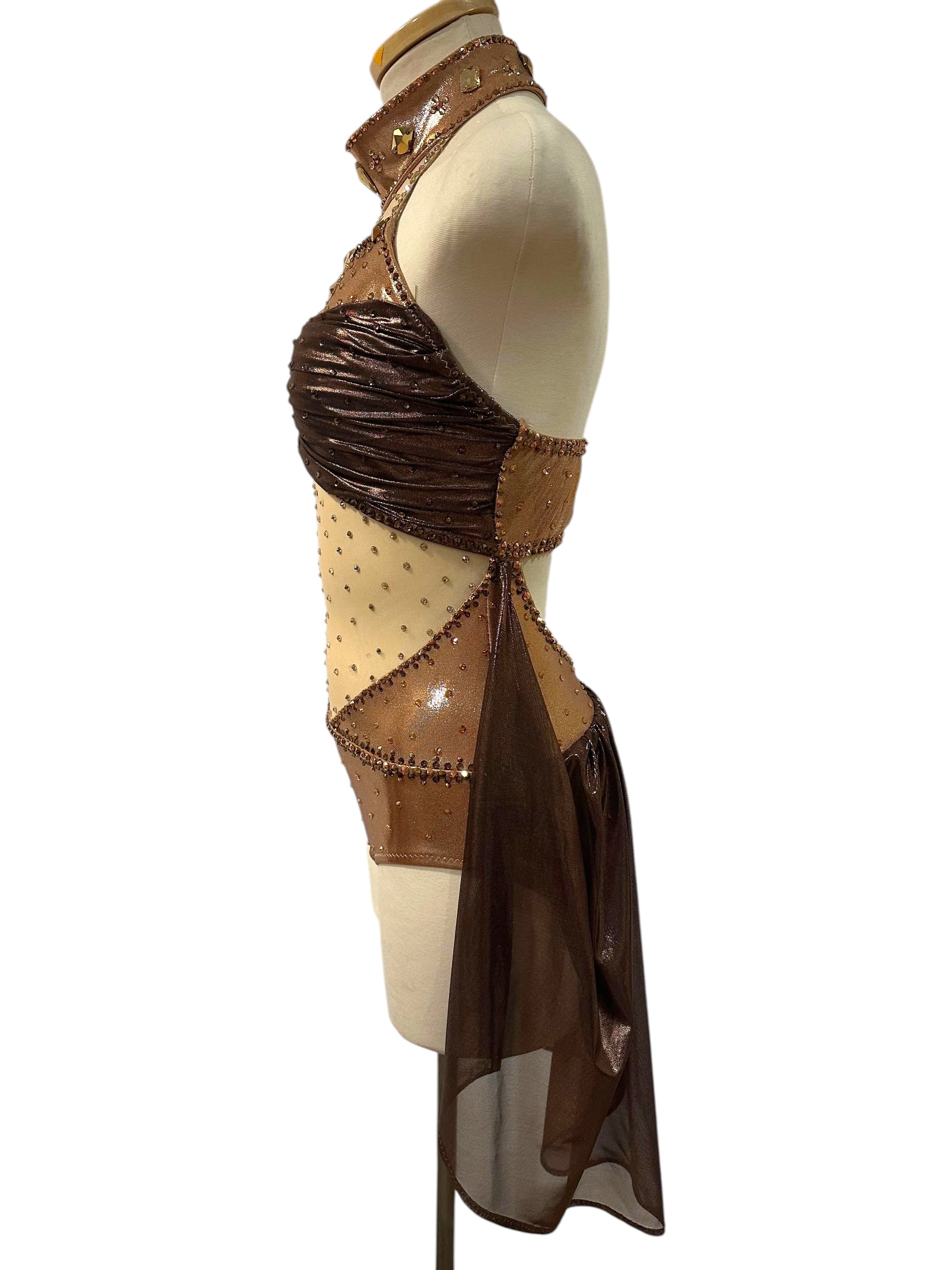 Left side view of the Aurora Signature Ready-to-Ship costume showcasing the ruched bodice and dramatic mesh drape.