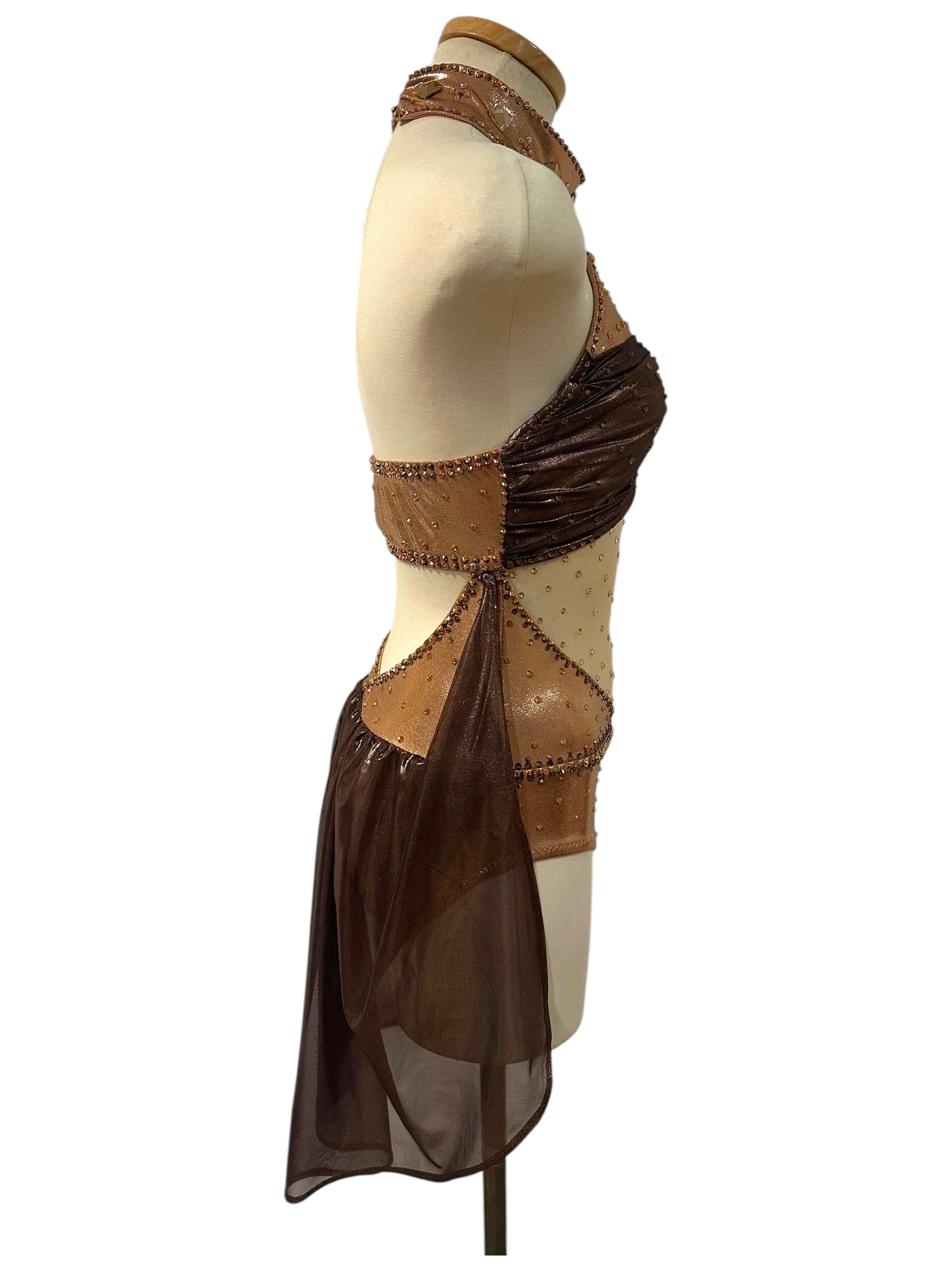Right side view of the Aurora Signature Ready-to-Ship costume featuring flowing mesh drapes and metallic fabrics.