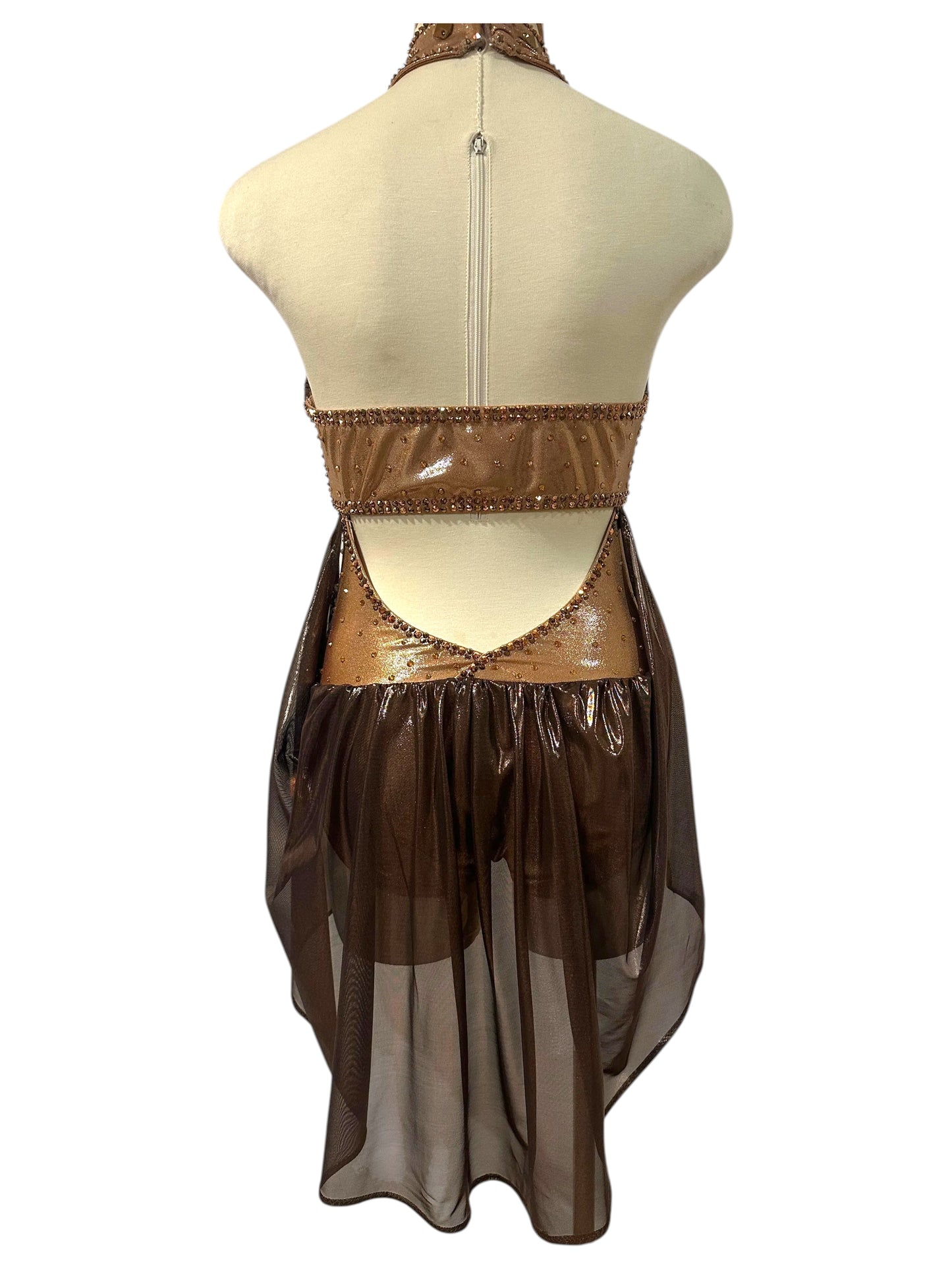 Full back view of the Aurora Signature Ready-to-Ship dance costume in Copper Metallic, Brown Metallic, and Nude with open back and flowing mesh drapes.