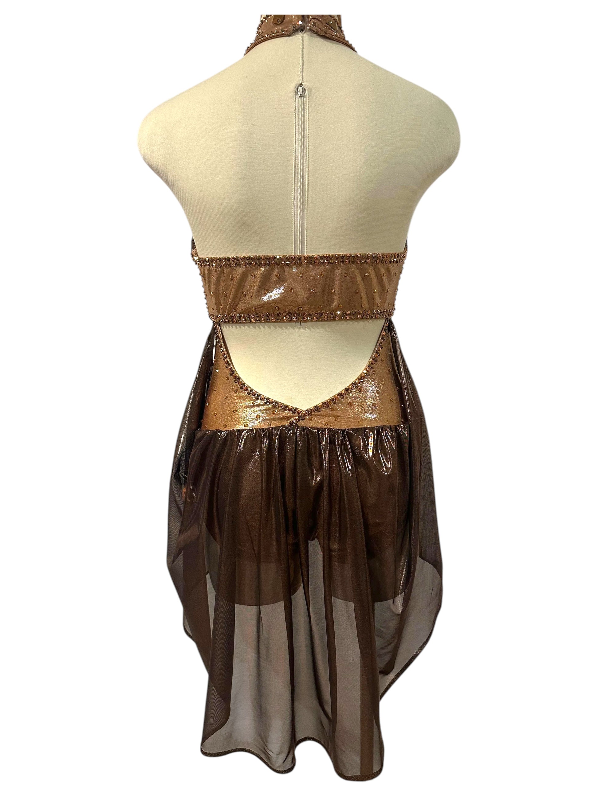 Full back view of the Aurora Signature Ready-to-Ship dance costume in Copper Metallic, Brown Metallic, and Nude with open back and flowing mesh drapes.
