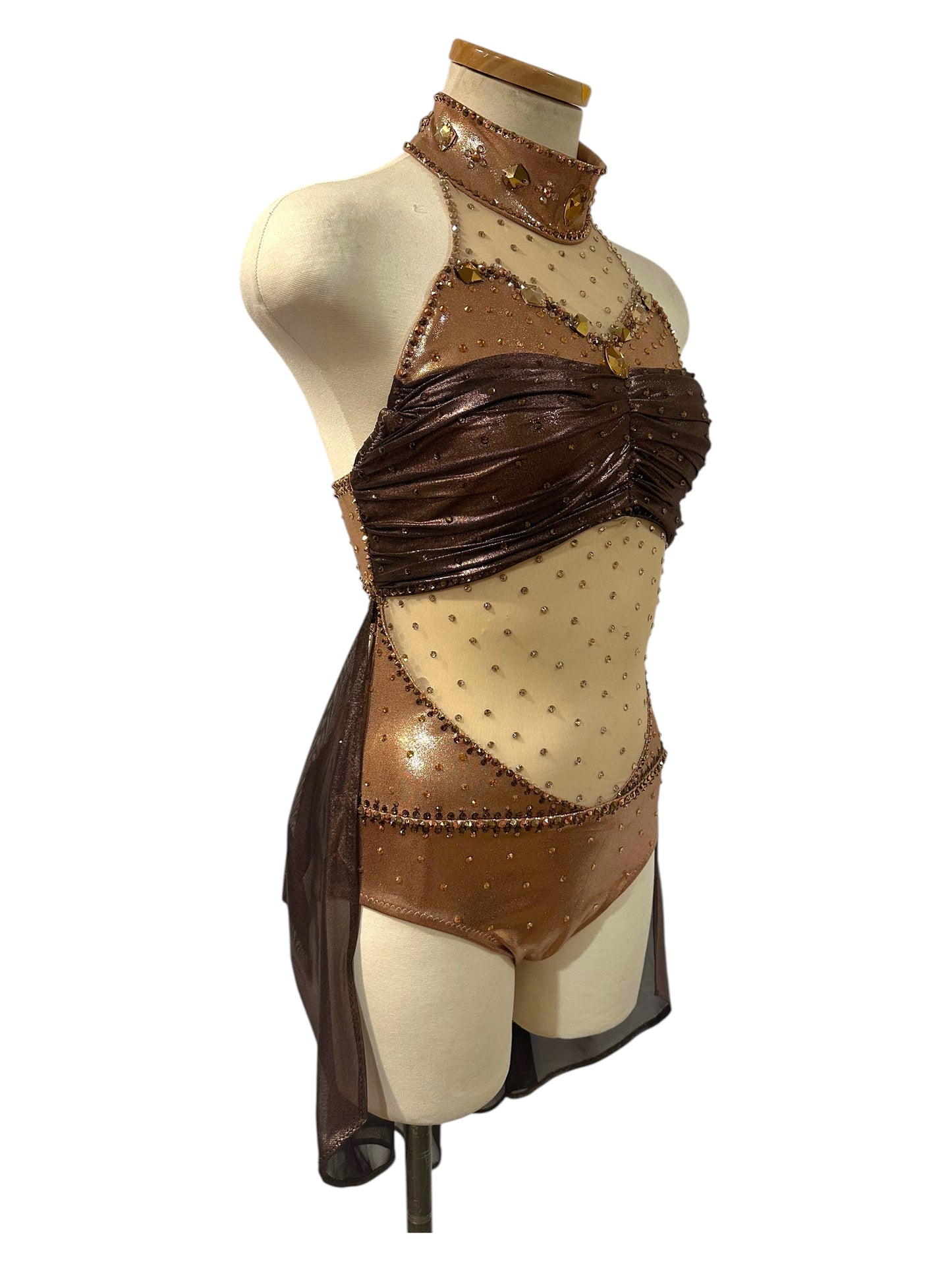 Aurora Signature Ready-to-Ship dance costume in Copper Metallic and Brown Metallic shown from the front right angle with flowing mesh drape.