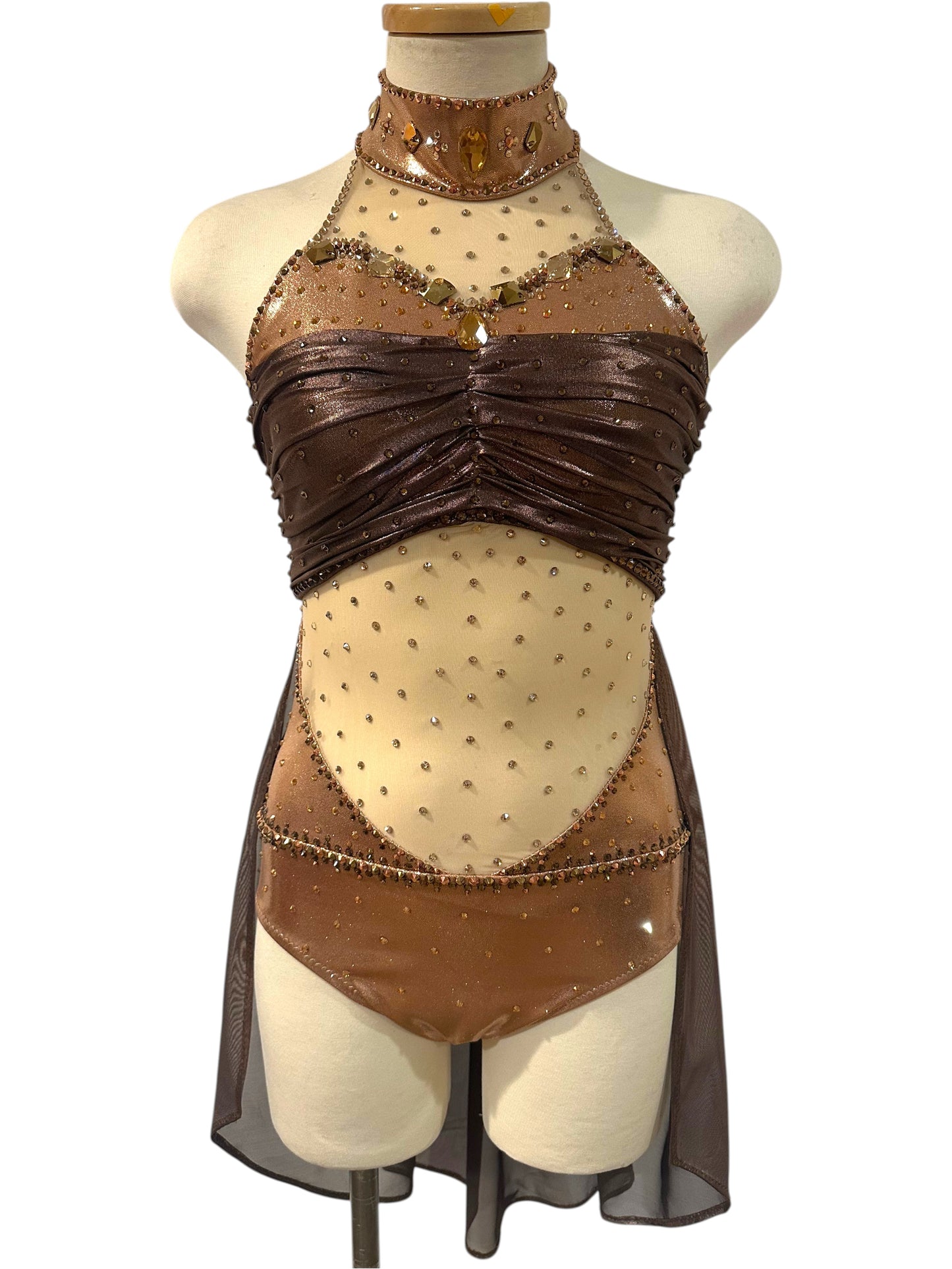 Aurora Signature Ready-to-Ship dance costume in Copper Metallic, Brown Metallic, and Nude featuring a ruched bodice, crystal embellishments, and flowing mesh drapes front view.