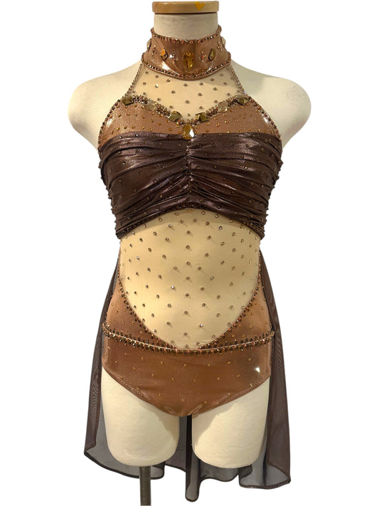 Aurora Signature Ready-to-Ship dance costume in Copper Metallic, Brown Metallic, and Nude featuring a ruched bodice, crystal embellishments, and flowing mesh drapes front view.