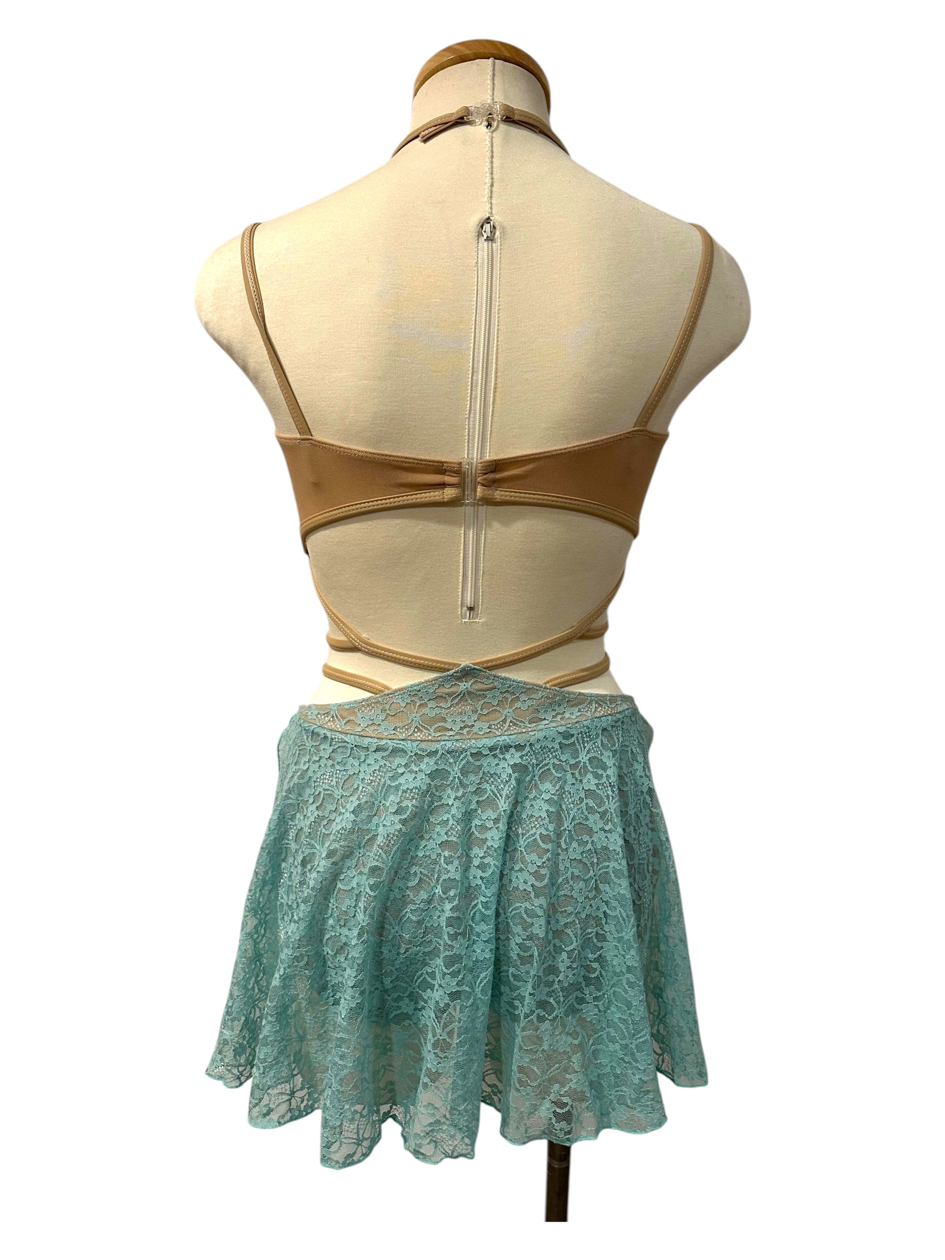 Back view of Ava dance costume base in aqua with open-back design and lace competition styling