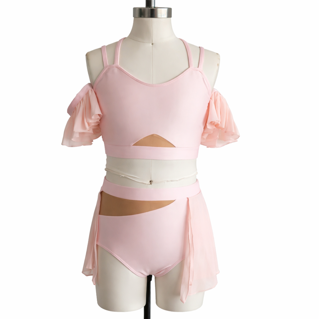 Betsy Base dance costume with soft draping and mesh skirt