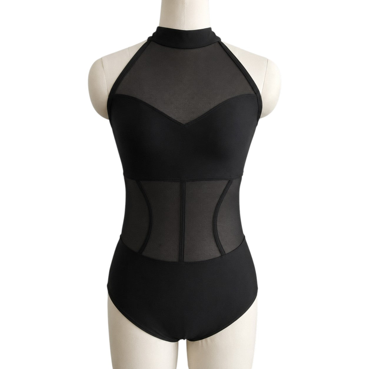 Back view of the black Shanna Base Studio Collection dance costume base featuring an open back with triple horizontal straps and a secure halter closure.