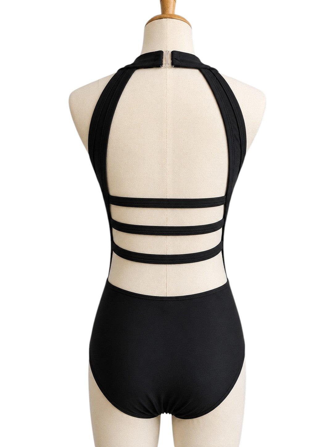 Back view of the black Shanna Base Studio Collection dance costume base featuring an open back with triple horizontal straps and a secure halter closure.
