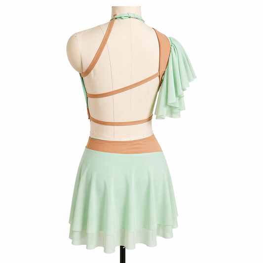 Back view of Scarlett Base dance costume with mesh sleeve and open back design