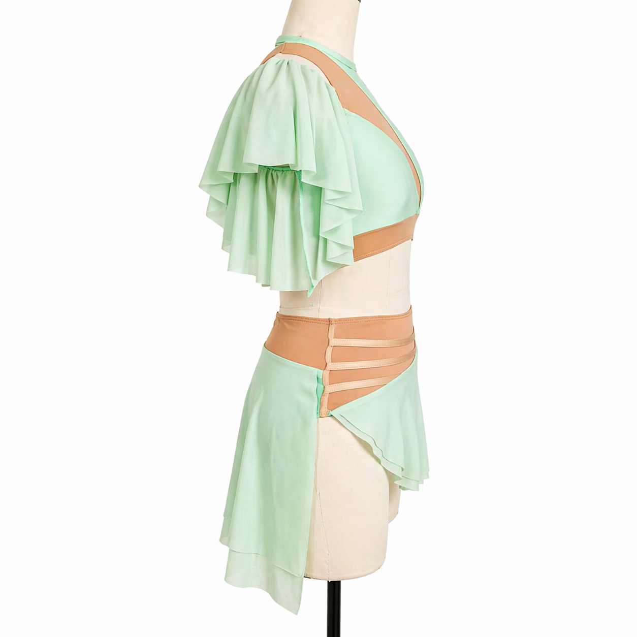 Side view of Scarlett Base competition dance costume featuring asymmetrical skirt and mesh draping
