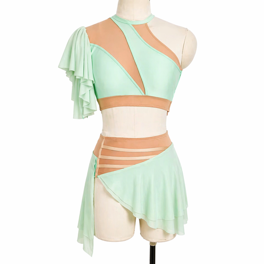 Scarlett Base competition dance costume in mint green with asymmetrical mesh draping and cutout details