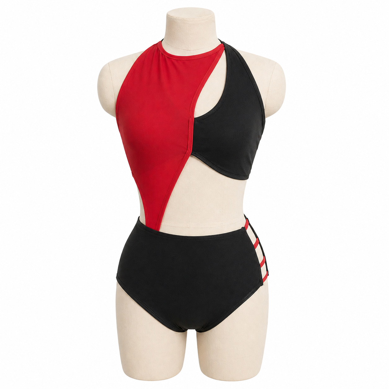 Vita Base dance costume in red and black featuring asymmetrical color blocking and contemporary competition styling