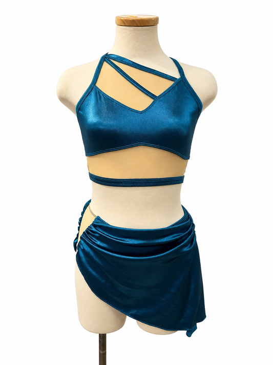 Alicia Base competition dance costume in peacock blue featuring satin styling and asymmetrical strappy neckline