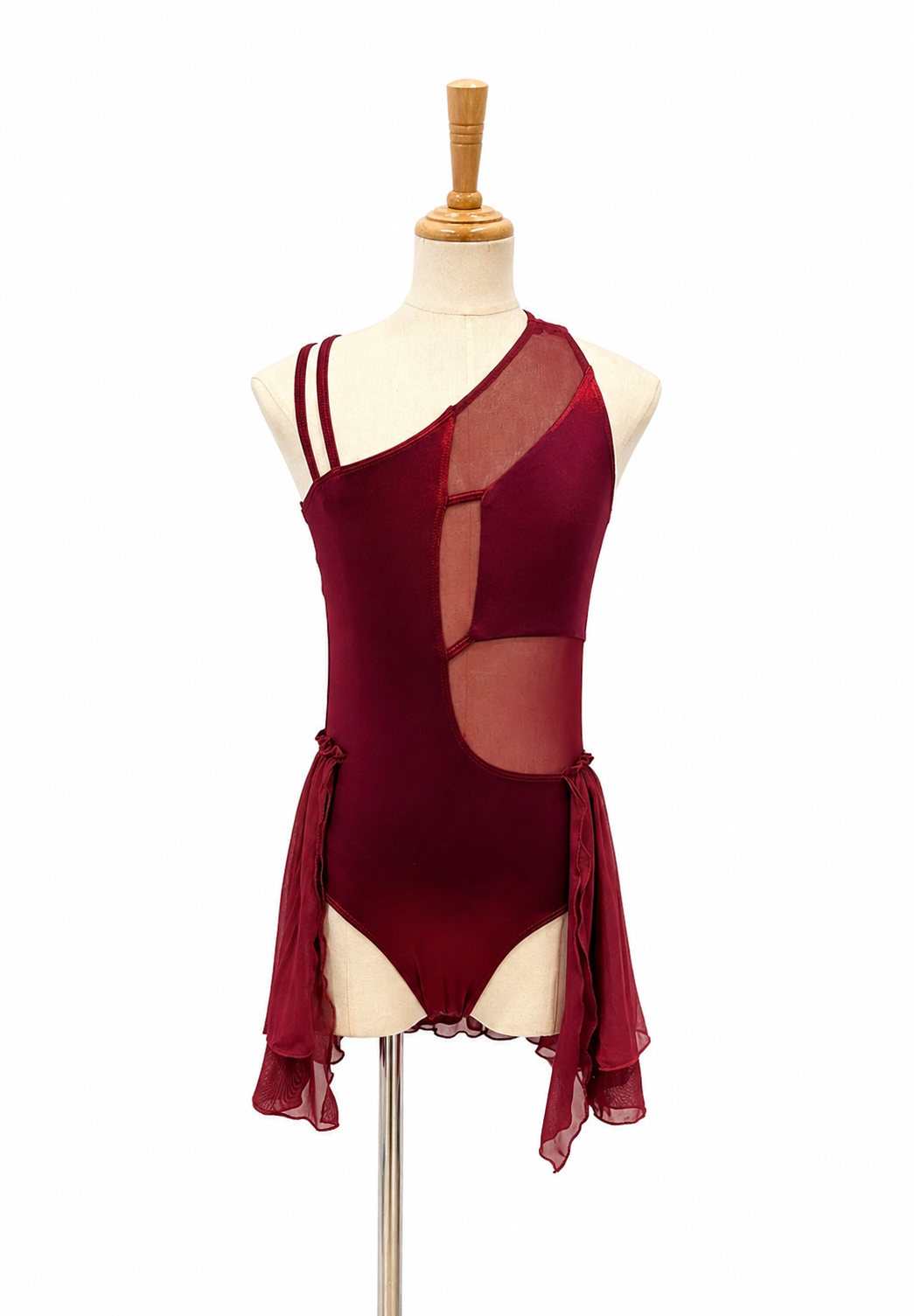 Gianna Base competition dance costume featuring asymmetrical styling and dramatic mesh cutout details