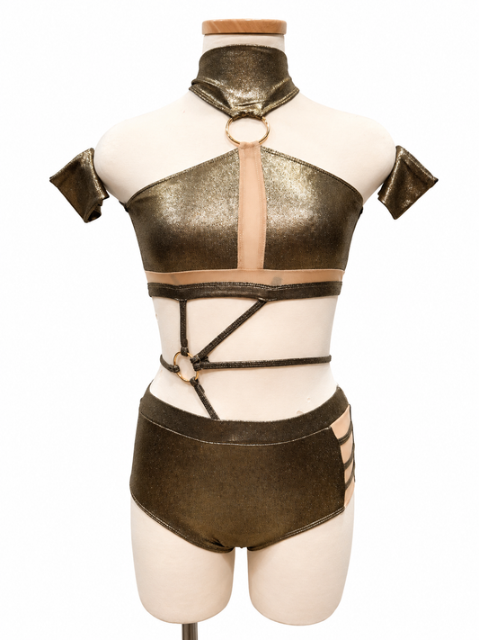 Jenny Base strappy dance costume in dark gold featuring geometric cutouts and high neckline front view