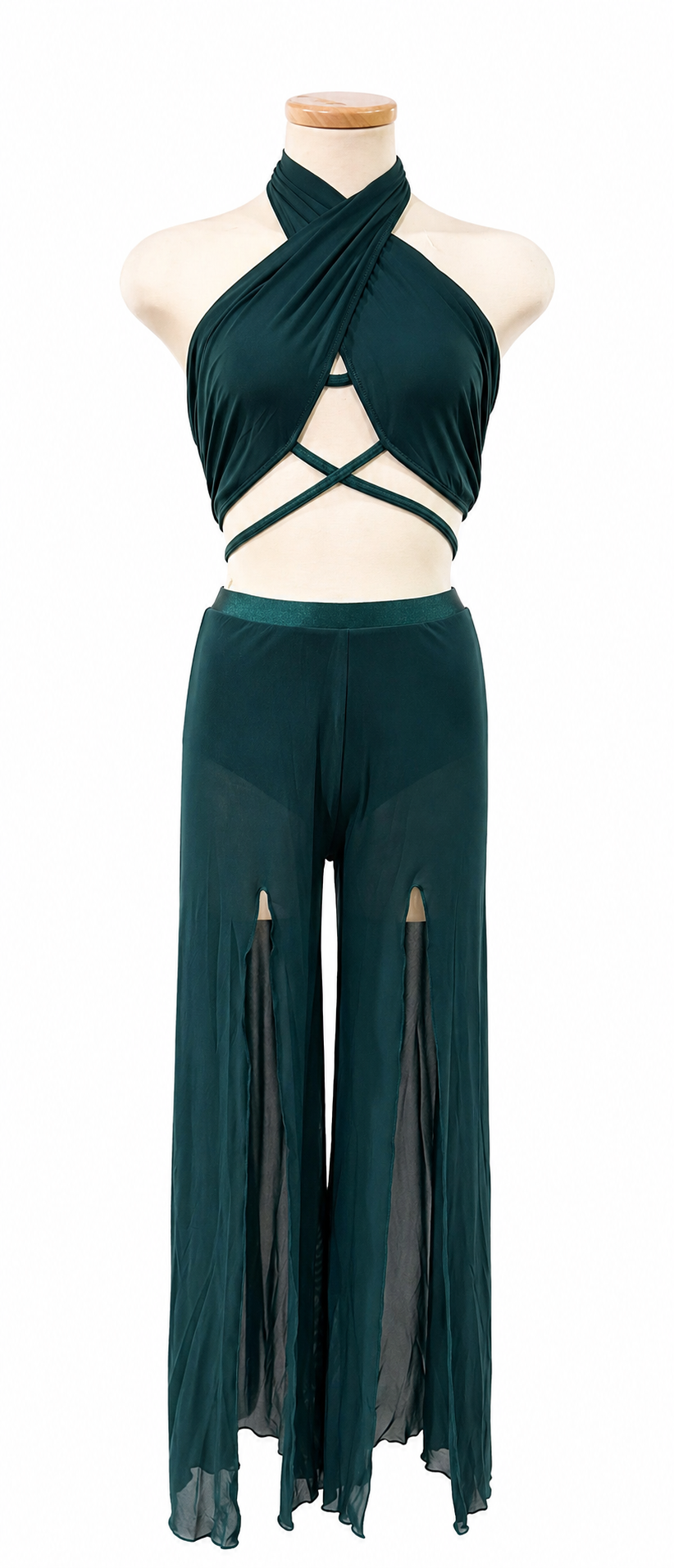 Abbey Base dance costume in emerald green featuring crossover styling and lyrical performance design