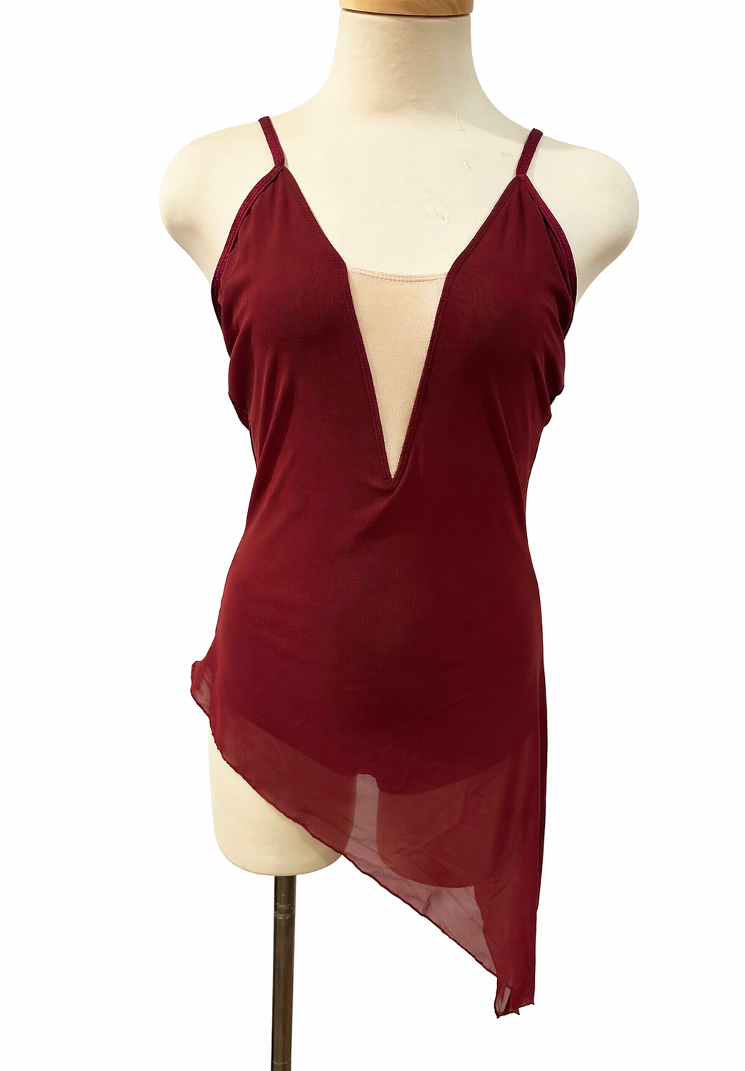 Brittney Base dance costume in burgundy featuring deep plunge neckline, lyrical styling, and asymmetrical mesh hemline