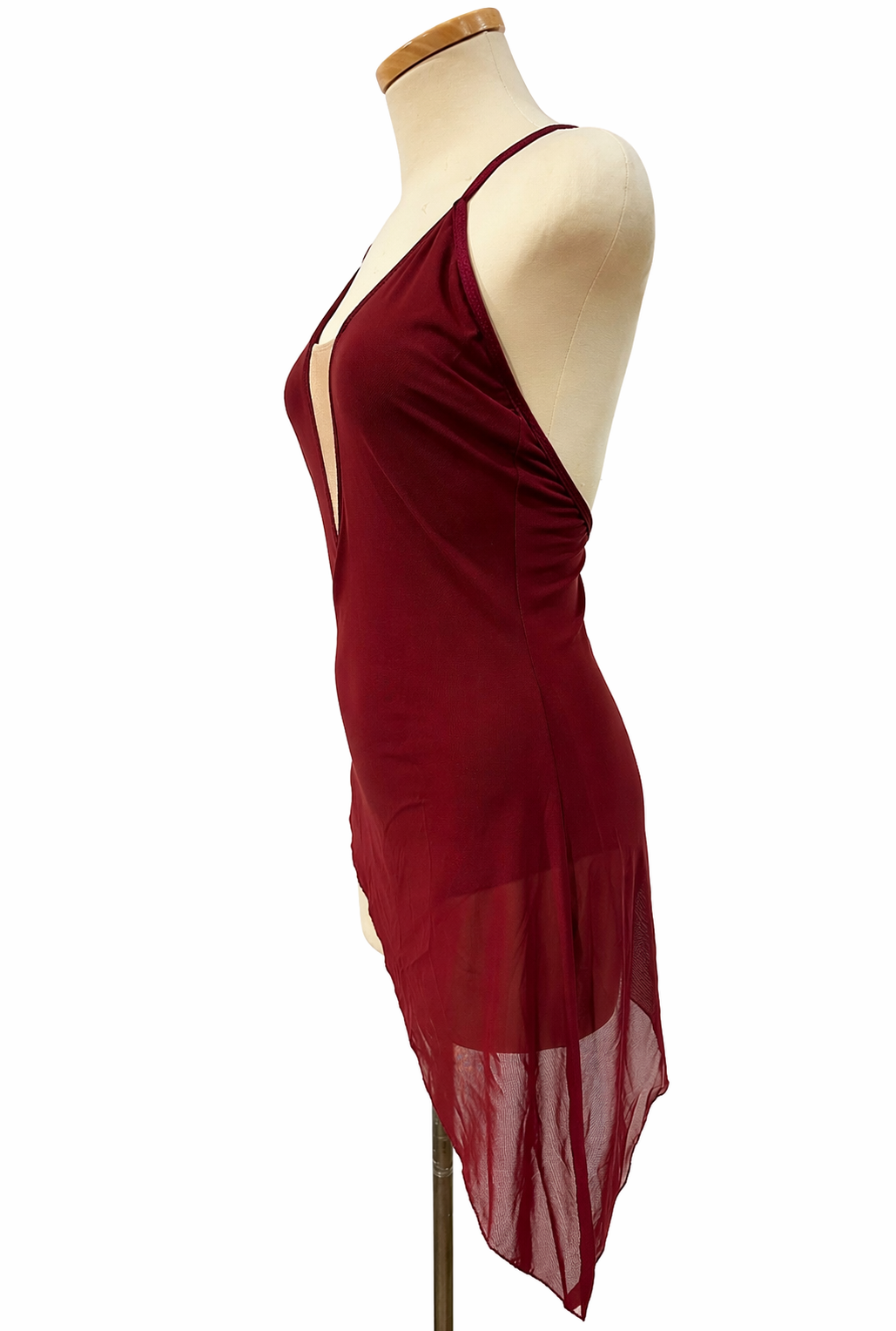 Brittney Base contemporary dance costume side profile in burgundy with flowing mesh accents and elegant draping