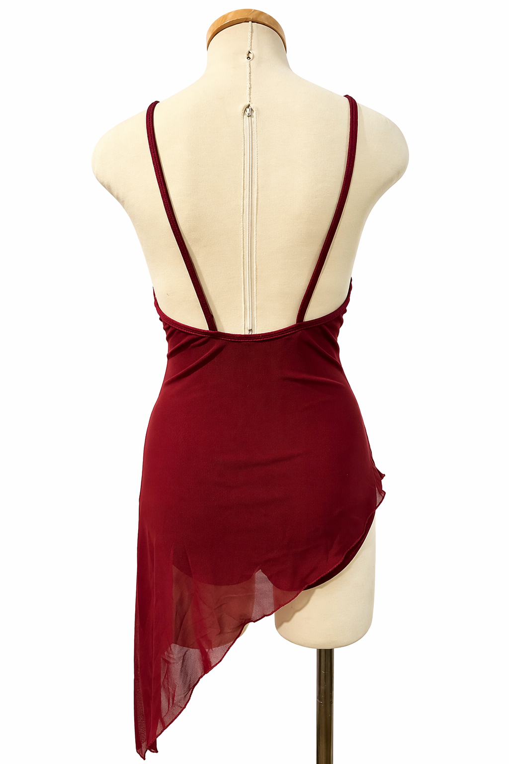 Brittney Base contemporary dance costume back view in burgundy with open-back straps and flowing asymmetrical skirt