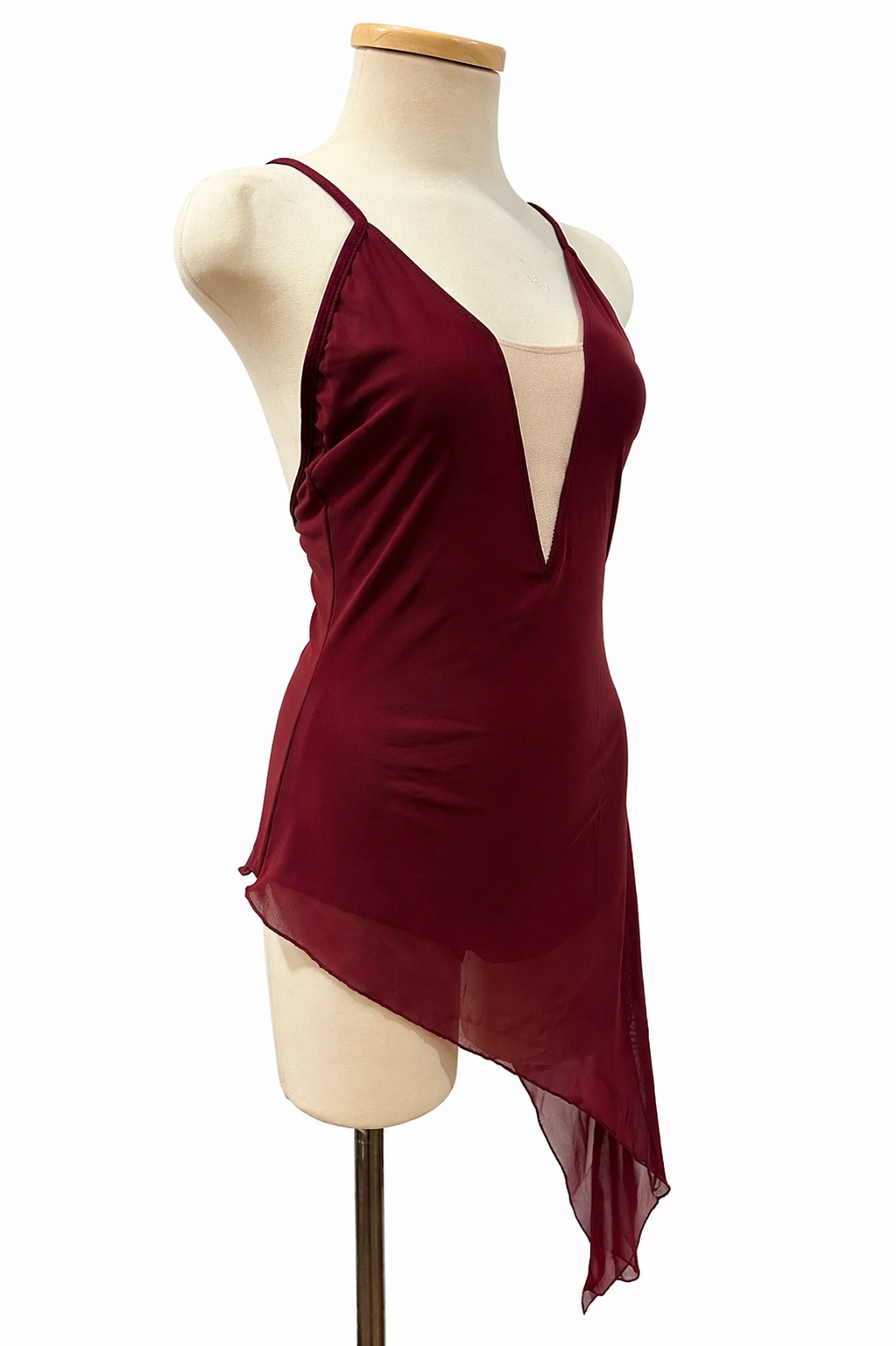 Brittney Base competition dance costume fwd side view featuring open-back styling and flowing asymmetrical hemline