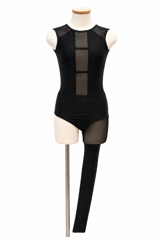 Lindsey Base contemporary dance costume with asymmetrical mesh panel styling in black