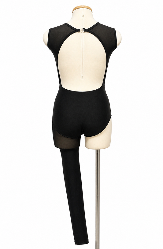 Lindsey Base competition dance costume back view with high neckline and asymmetrical design
