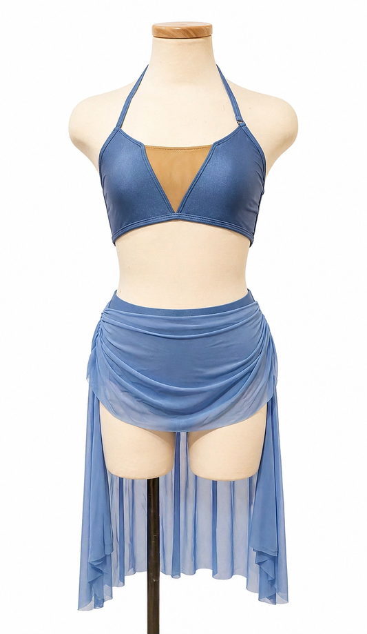 Kaity Base lyrical dance costume with draped mesh styling in steel blue