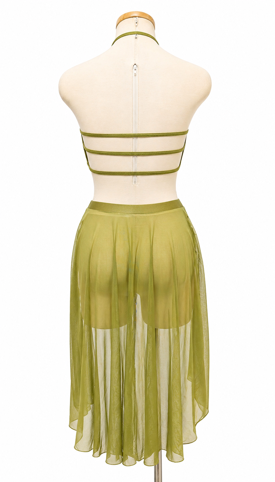 Back view of Kaity Base dance costume with open-back halter design in army green