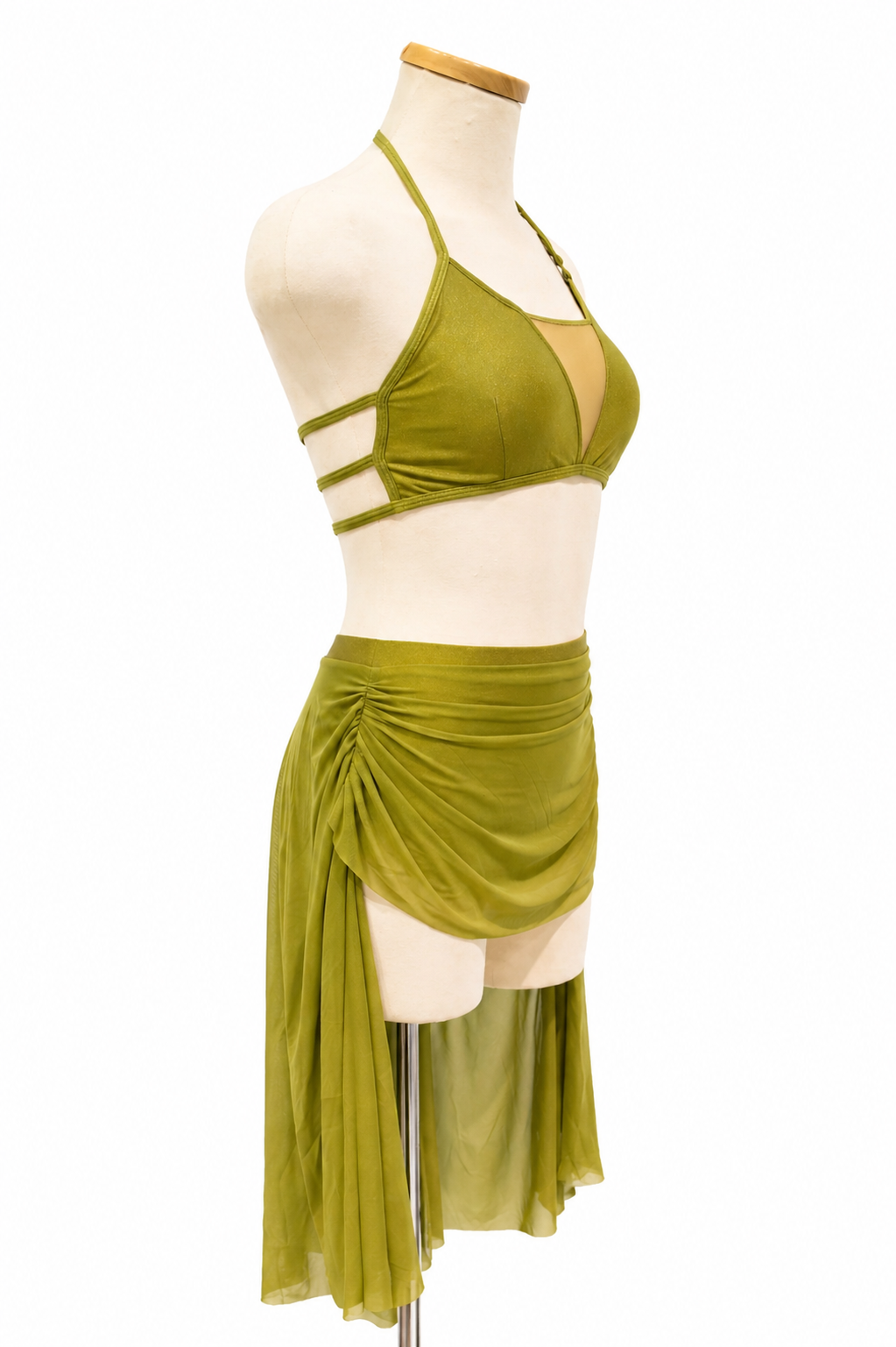 Side view of Kaity Base dance costume with halter neckline and mesh draping in army green 