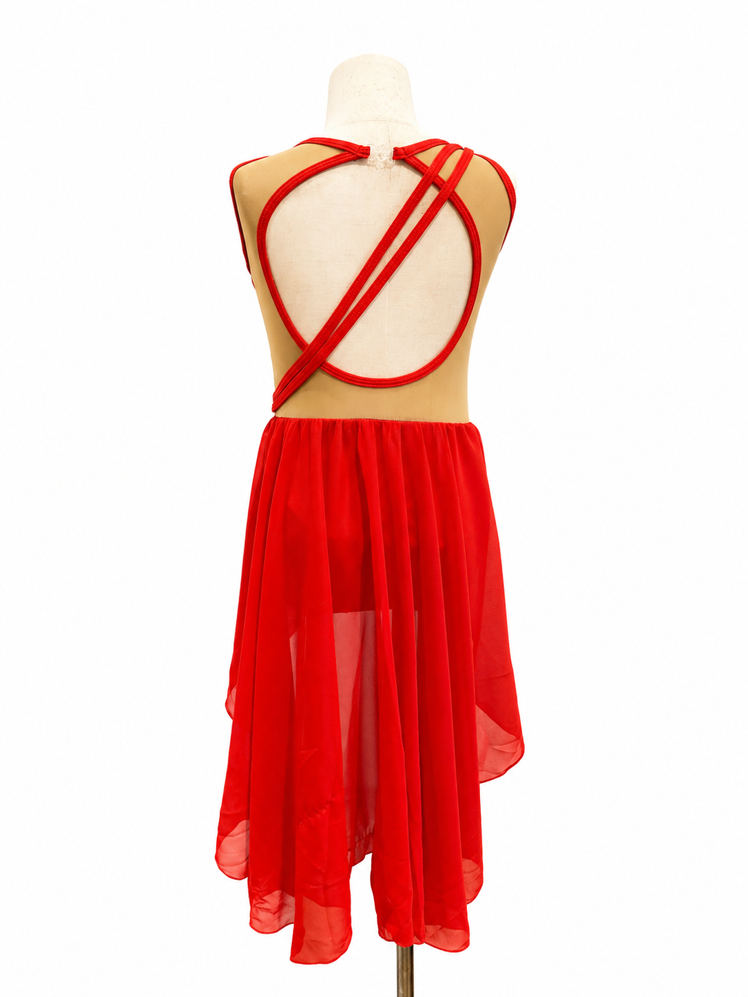 Back view of Sammie Base dance costume with open-back design and flowing skirt details