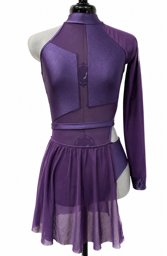 Maggie Base contemporary dance costume featuring one-sleeve styling, high neckline, and open-back design in purple.