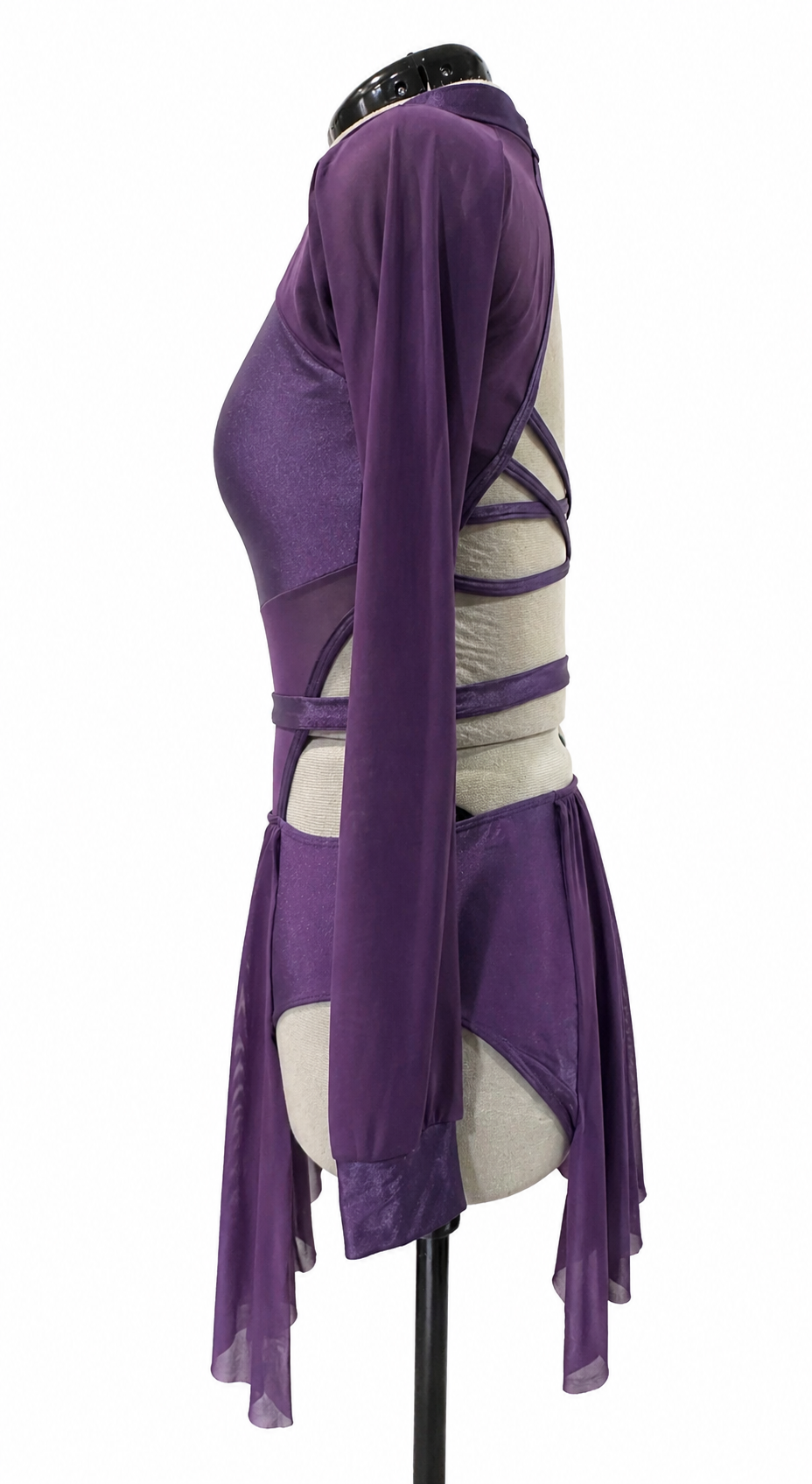 Maggie Base dance costume left side view showing contemporary styling and elegant draped movement.
